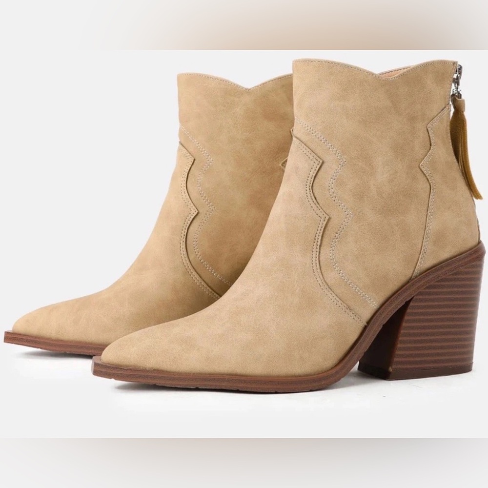 Women High Heel Ankle Suede Boots with Back Zippers Stylish Tan Ankle Booties